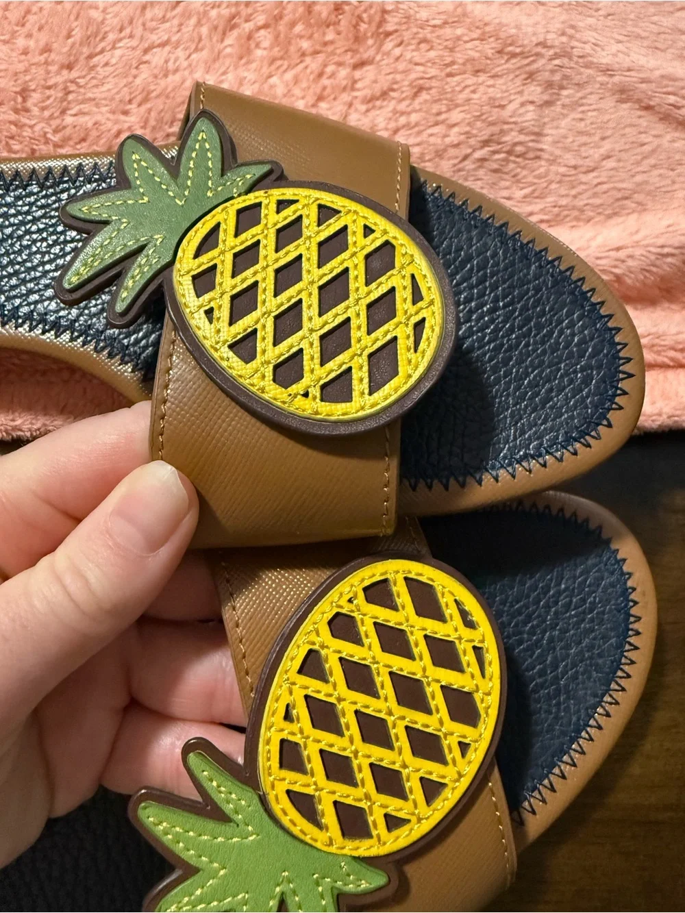 Tory Burch Leather Pineapple Slide Sandals - Brown/Yellow/Green/Navy
